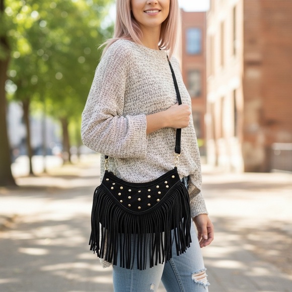 Handbags - Boho Black Suede Fringe Shoulder Crossbody Bag